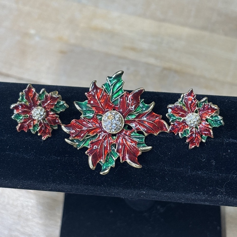 Vintage Eisenberg Ice Poinsettia Brooch & Clip On Earrings Christmas Set